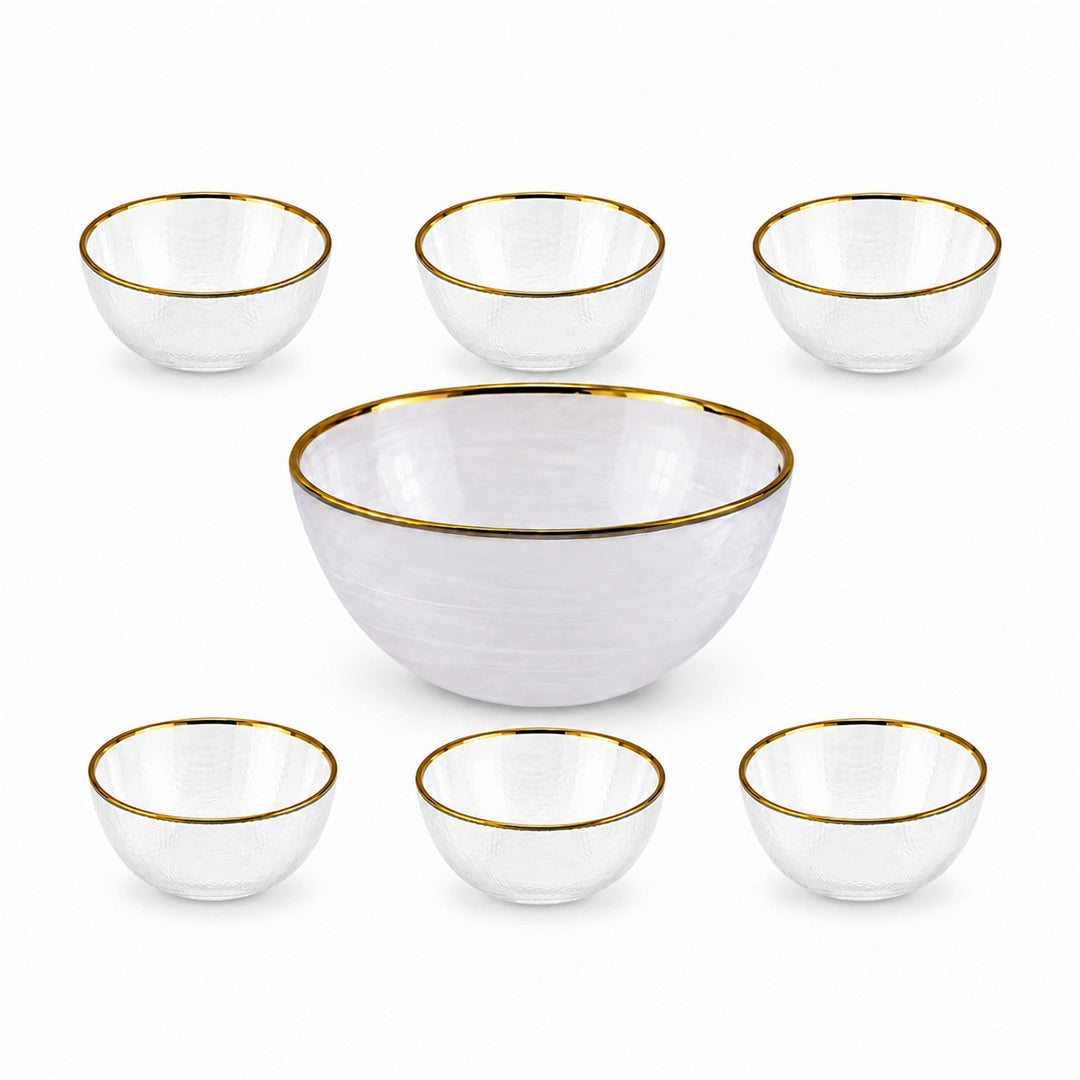 Danny Home 7-Piece Glass Serving Bowl Set | Clear With Gold Rim Strips
