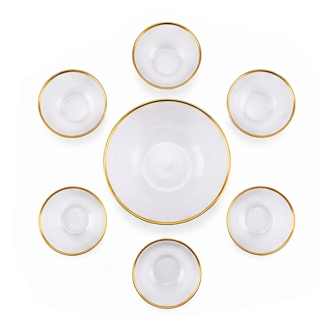 Danny Home 7-Piece Glass Serving Bowl Set | Clear With Gold Rim Strips