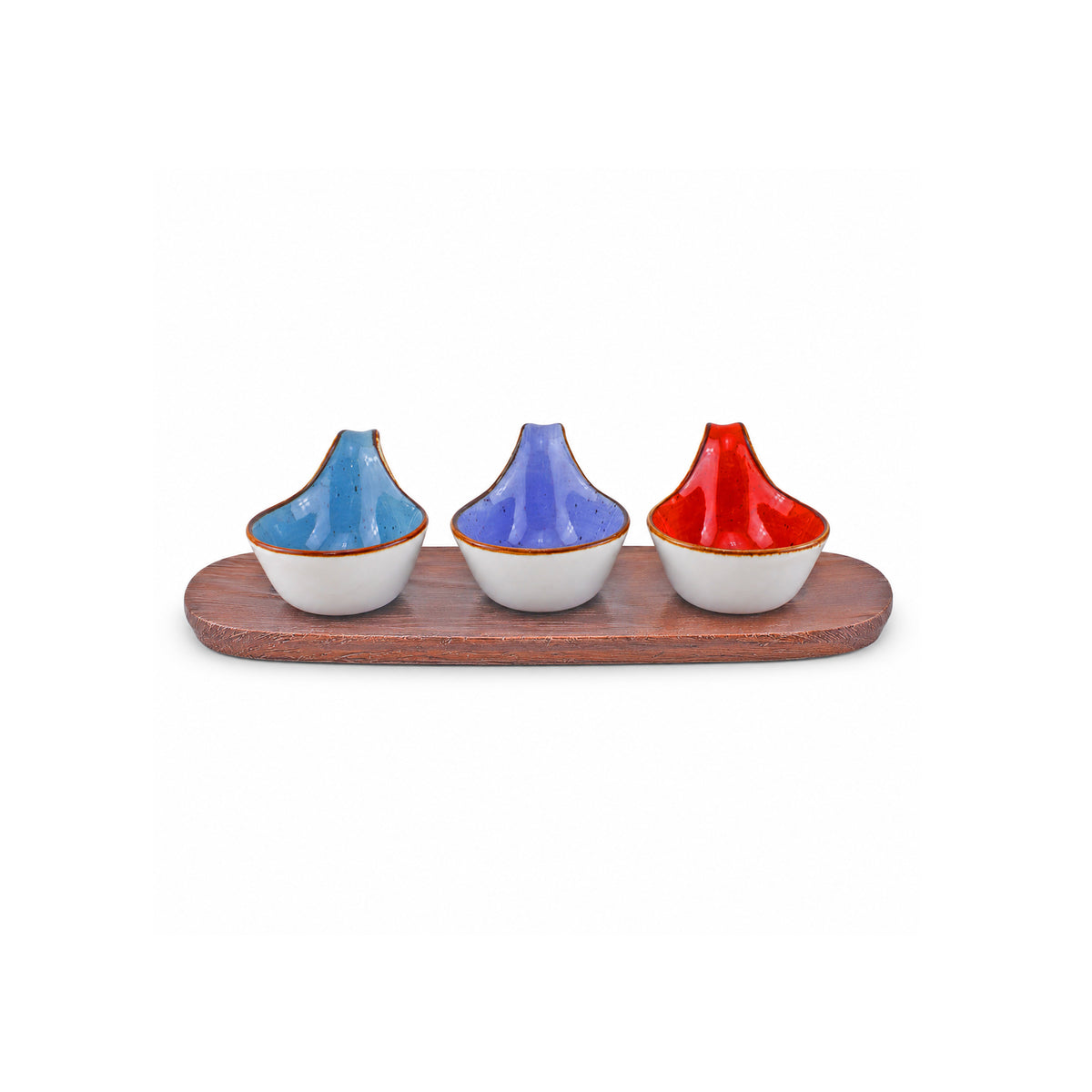 Danny Home Ceramic 4-Piece Teardrop Bowl Set With Wooden Liner | Sky Blue, Purple & Orange | 50 ML