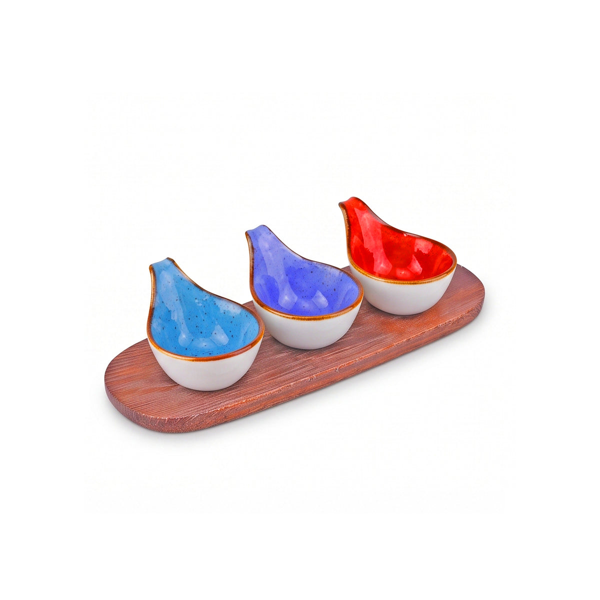 Danny Home Ceramic 4-Piece Teardrop Bowl Set With Wooden Liner | Sky Blue, Purple & Orange | 50 ML