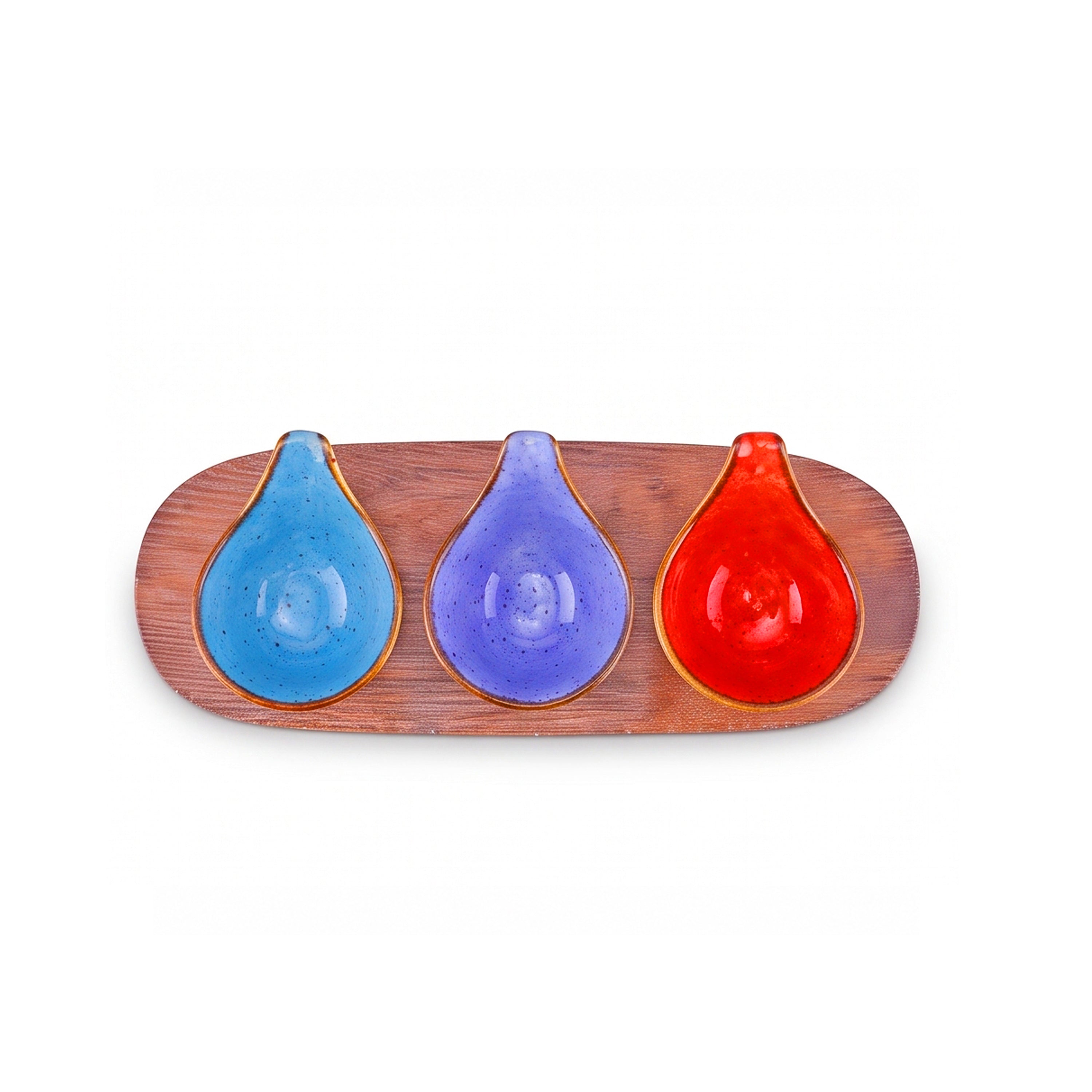 Danny Home Ceramic 4-Piece Teardrop Bowl Set With Wooden Liner | Sky Blue, Purple & Orange | 50 ML