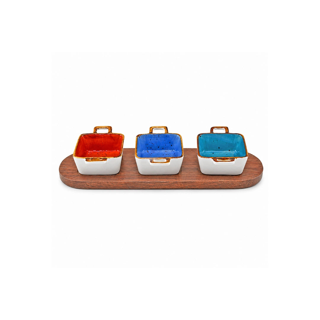 Danny Home 4-Piece Ceramic Square Bowl Set With Wooden Liner | Orange, Blue & Green | 50 ML