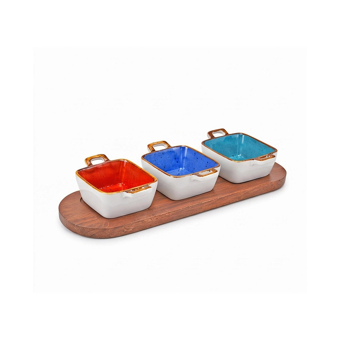 Danny Home 4-Piece Ceramic Square Bowl Set With Wooden Liner | Orange, Blue & Green | 50 ML