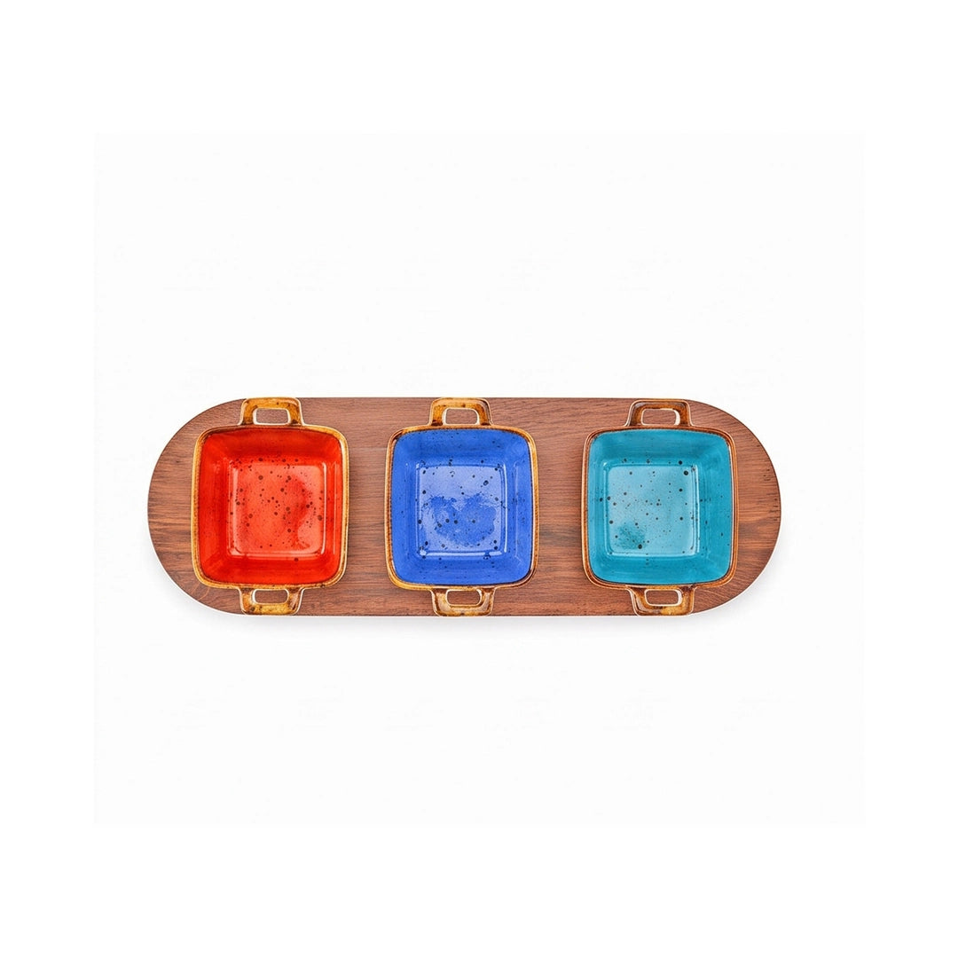 Danny Home 4-Piece Ceramic Square Bowl Set With Wooden Liner | Orange, Blue & Green | 50 ML