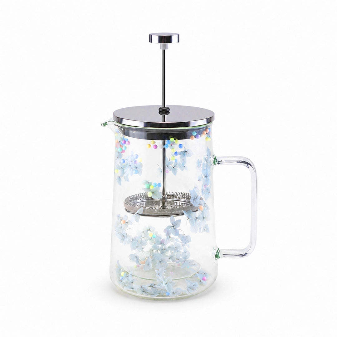 D.W.M Glass Double Wall French Press | Blue Clovers & Multicolour Beads | 1 Litre