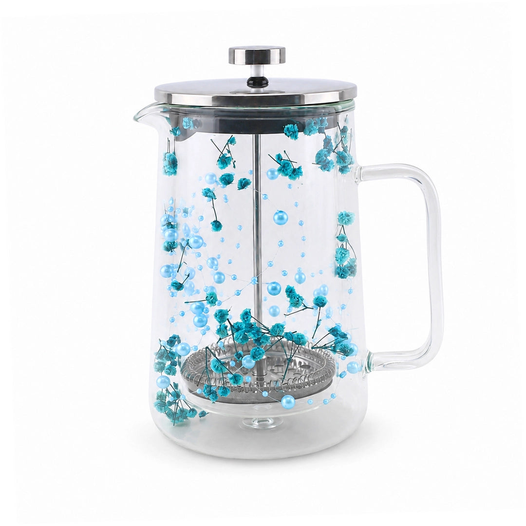 D.W.M Glass Double Wall French Press | Turquoise Gypsophila & Pearl Blue Beads | 1 Litre