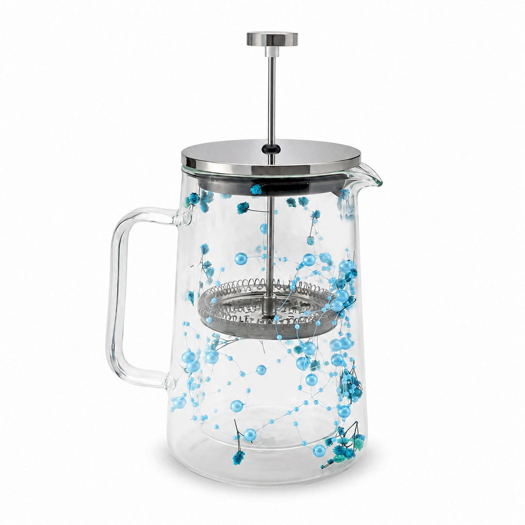 D.W.M Glass Double Wall French Press | Turquoise Gypsophila & Pearl Blue Beads | 1 Litre