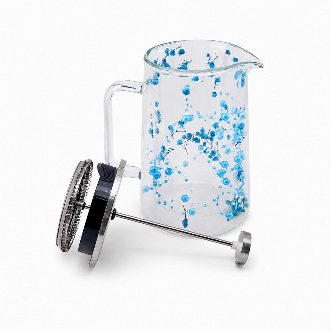 D.W.M Glass Double Wall French Press | Turquoise Gypsophila & Pearl Blue Beads | 1 Litre