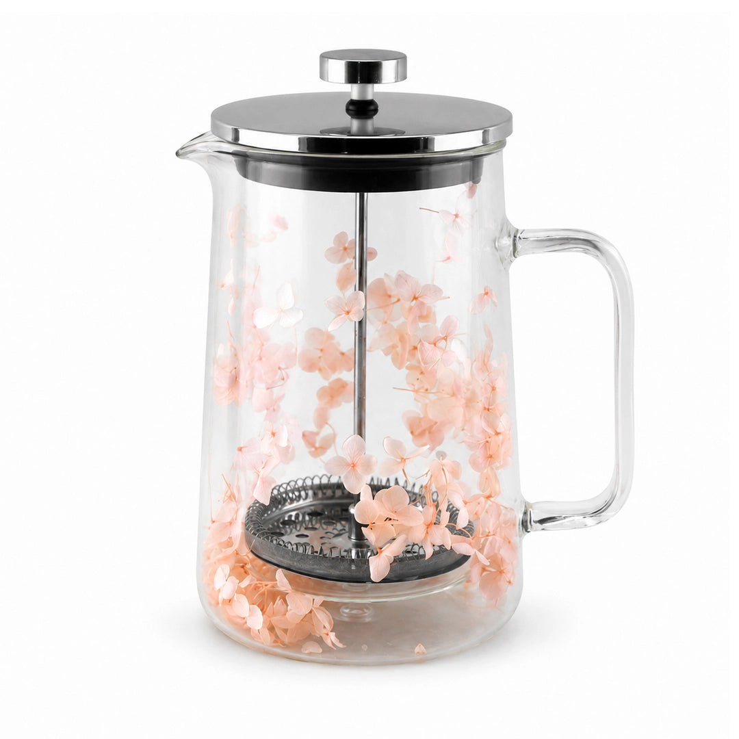 D.W.M Glass Double Wall French Press | Blush Pink Hydrangea Blossoms | 1 Litre