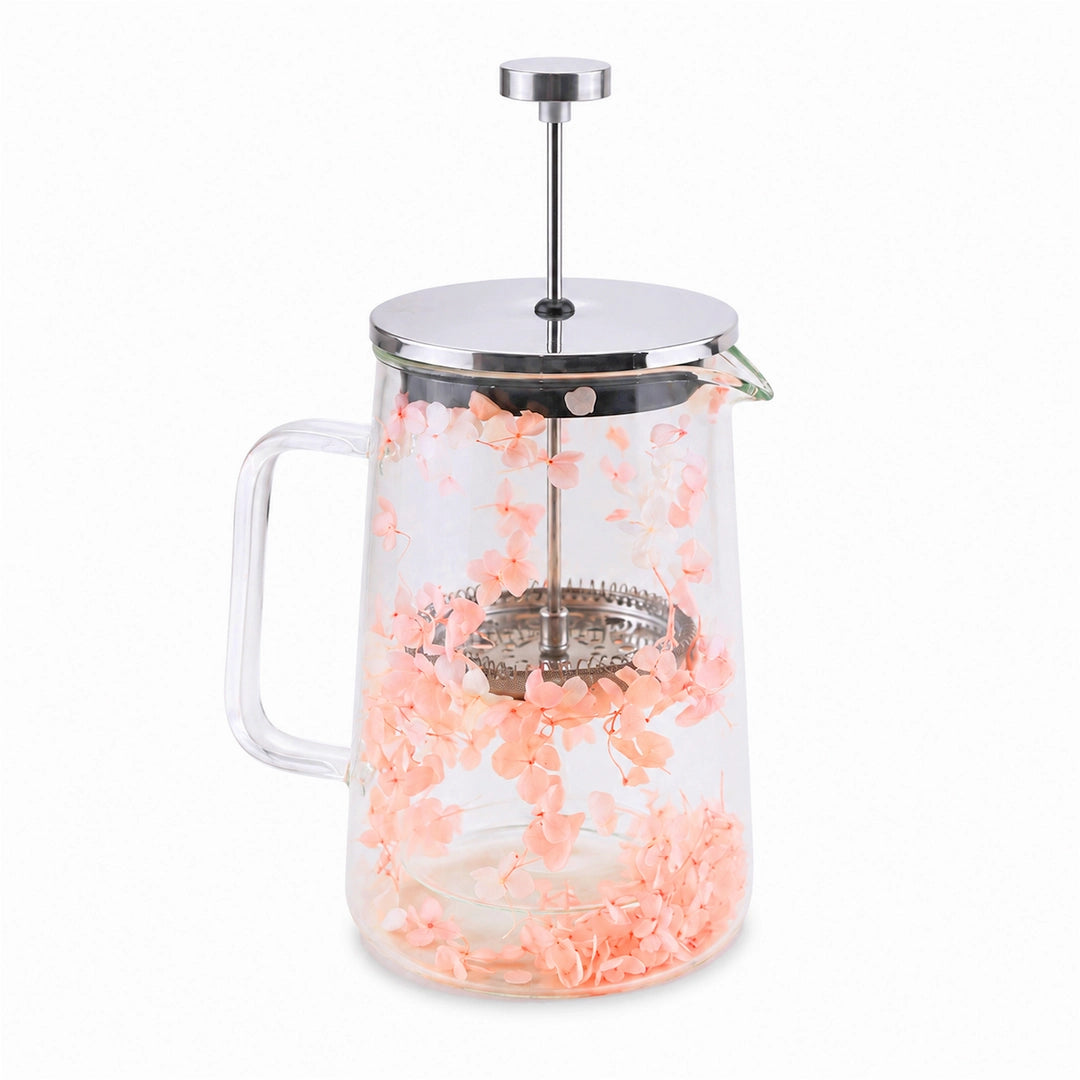 D.W.M Glass Double Wall French Press | Blush Pink Hydrangea Blossoms | 1 Litre