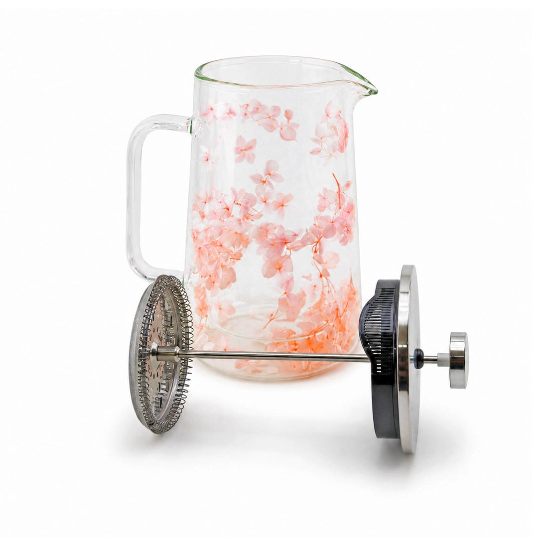 D.W.M Glass Double Wall French Press | Blush Pink Hydrangea Blossoms | 1 Litre