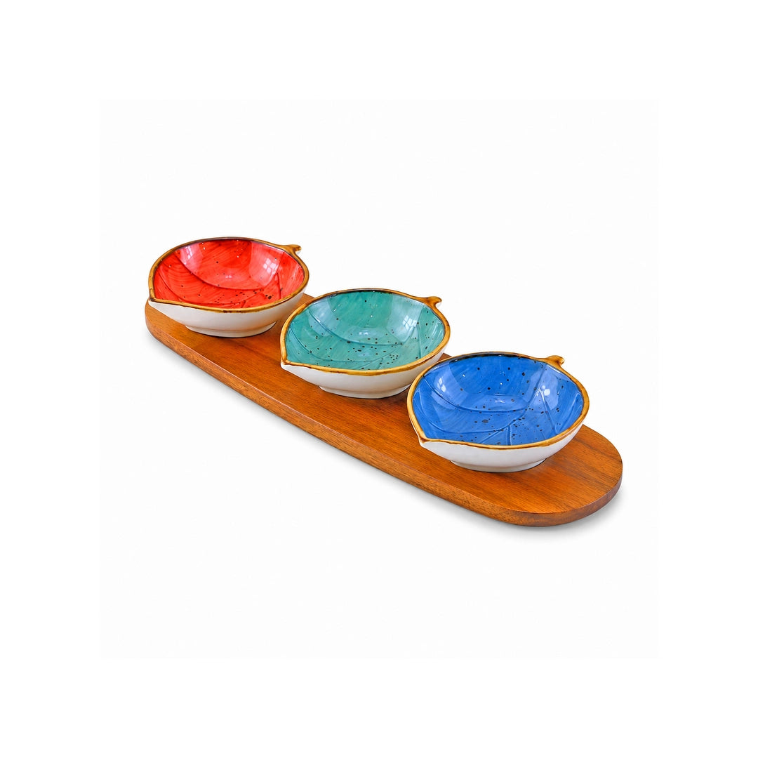 Danny Home 4-Piece Ceramic Bowl Set With Wooden Liner | Orange, Green & Blue Leaf Shaped | 50 ML