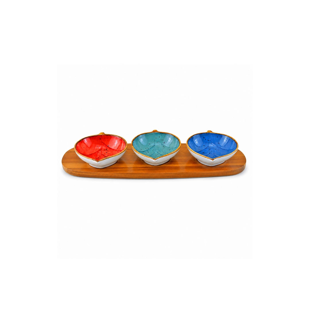 Danny Home 4-Piece Ceramic Bowl Set With Wooden Liner | Orange, Green & Blue Leaf Shaped | 50 ML