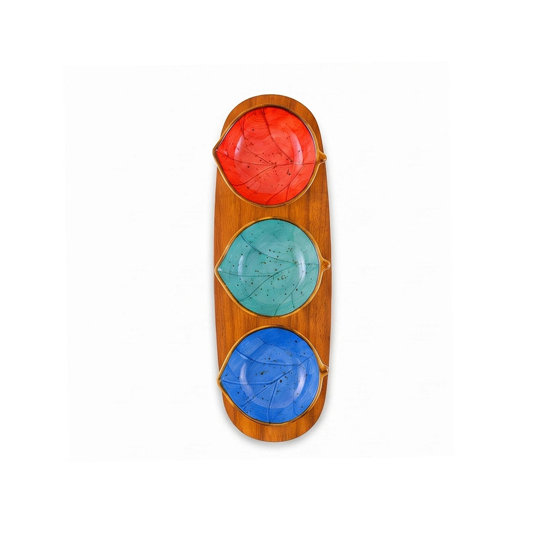Danny Home 4-Piece Ceramic Bowl Set With Wooden Liner | Orange, Green & Blue Leaf Shaped | 50 ML