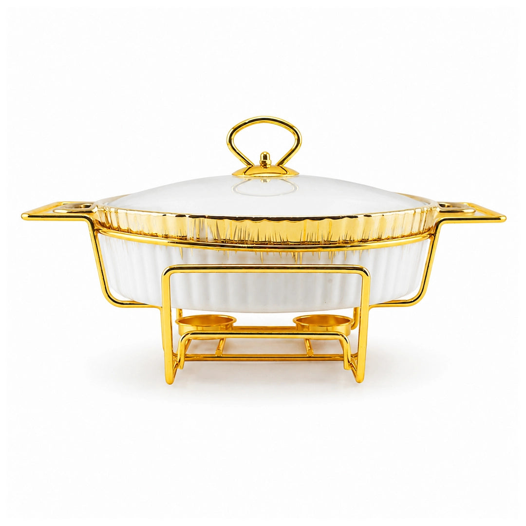 Brilliant Ceramic Round Food Warmer With Gold Metal Stand And Glass Lid | White And Gold | 12 Inch