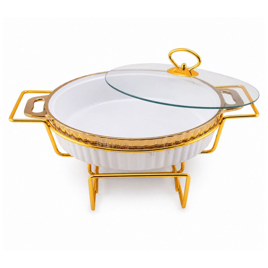 Brilliant Ceramic Round Food Warmer With Gold Metal Stand And Glass Lid | White And Gold | 12 Inch