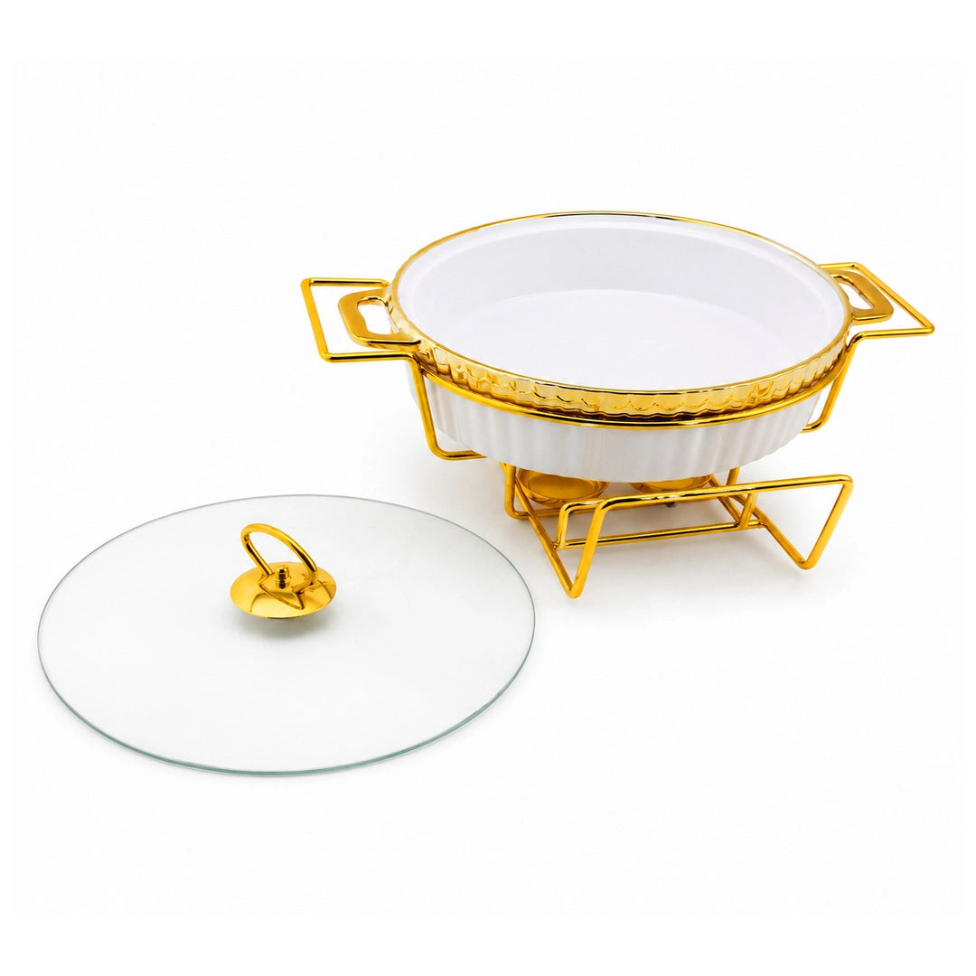 Brilliant Ceramic Round Food Warmer With Gold Metal Stand And Glass Lid | White And Gold | 12 Inch