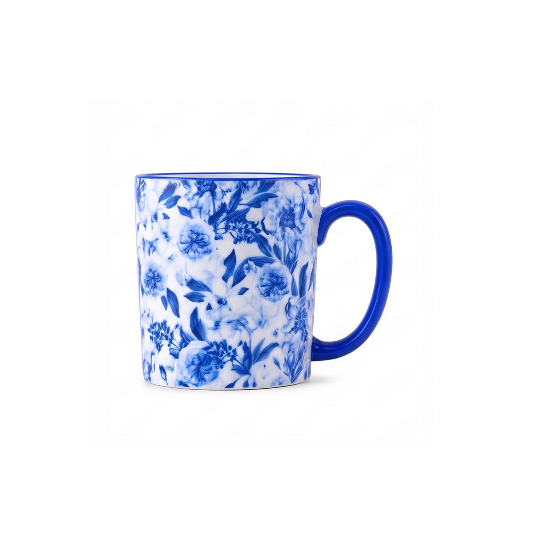 Danny Home Ceramic Mug | Blue Botanical Floral Design | White Interior | 350 ML