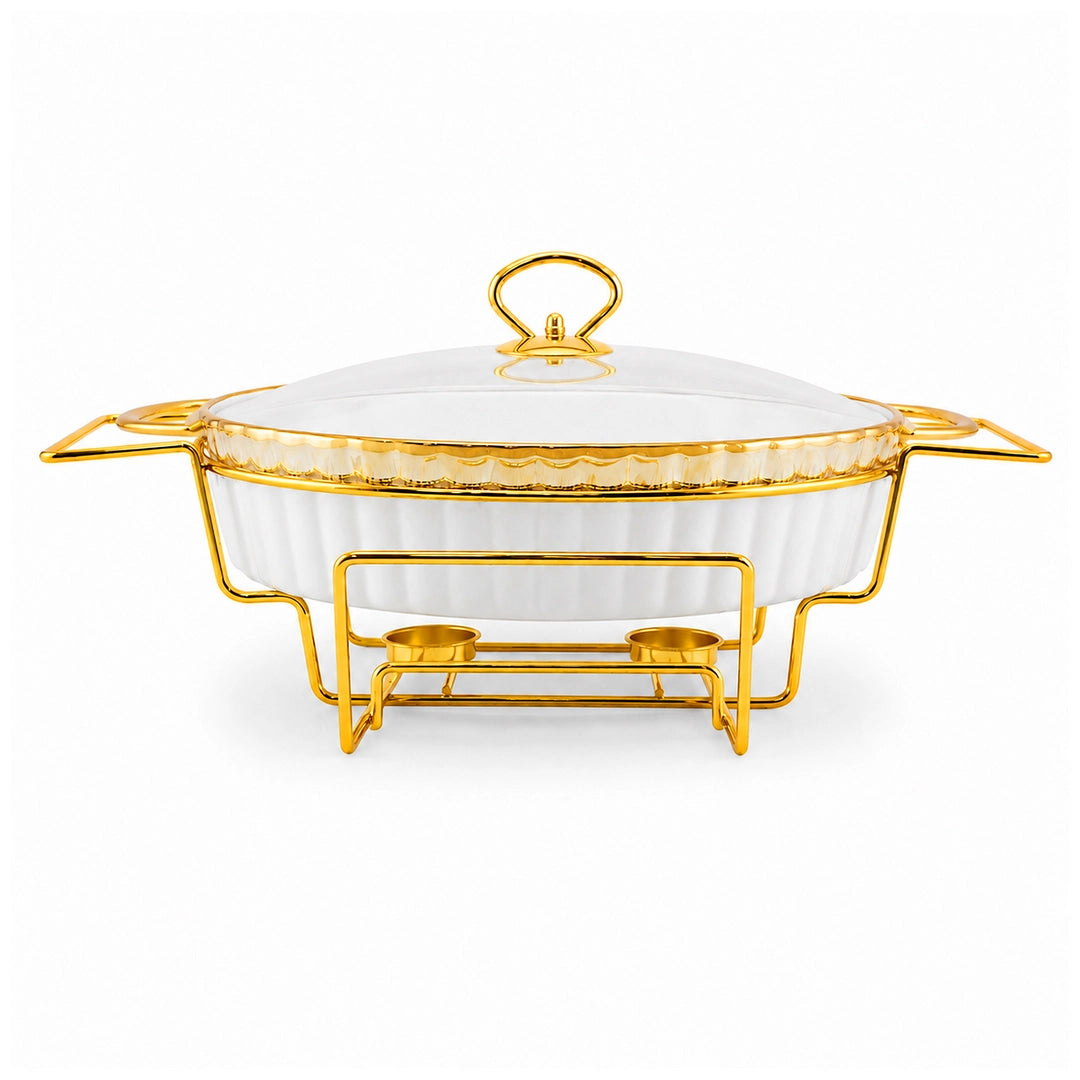 Brilliant Ceramic Round Food Warmer With Glass Lid And Gold Metal Stand | White And Gold | 15 Inch