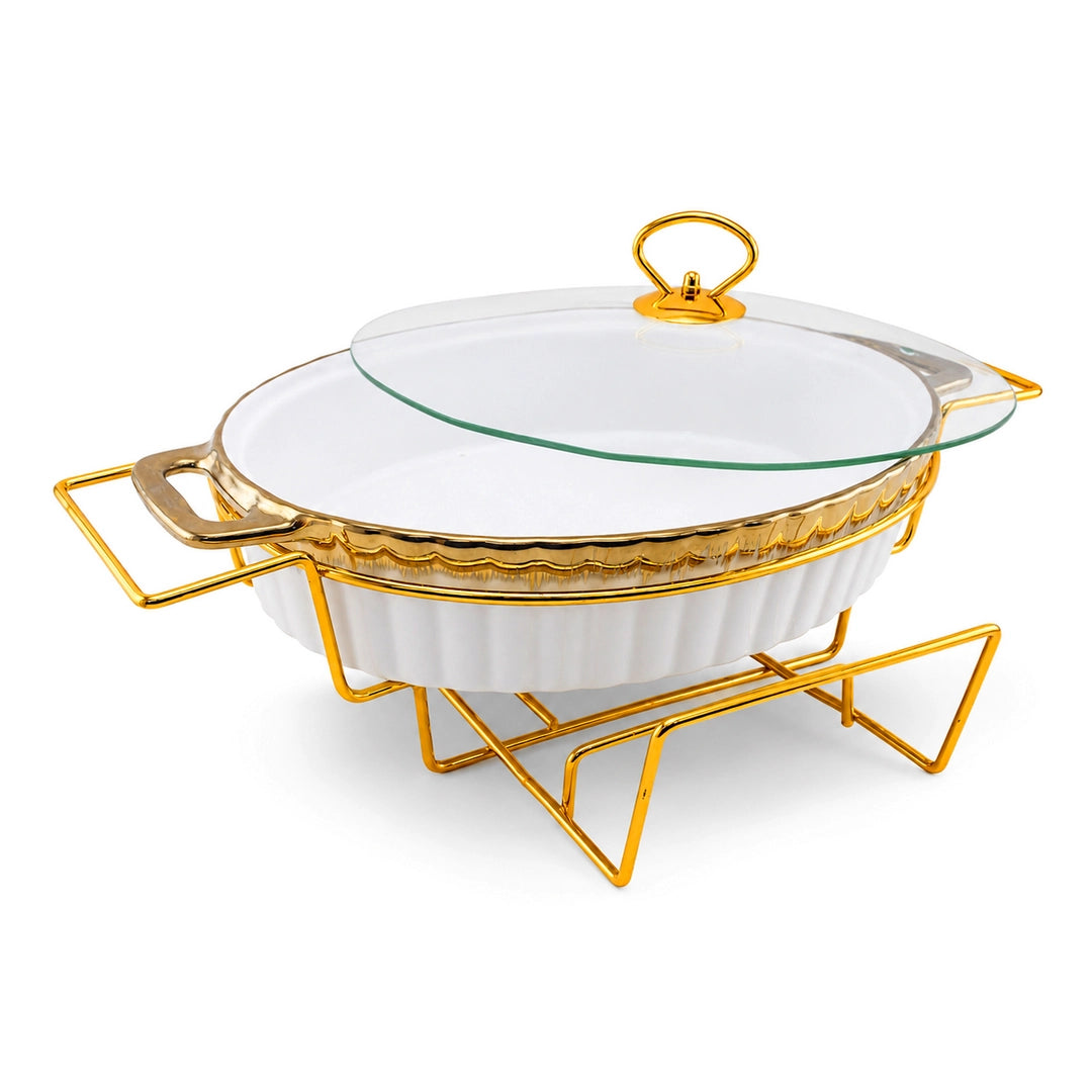 Brilliant Ceramic Round Food Warmer With Glass Lid And Gold Metal Stand | White And Gold | 15 Inch