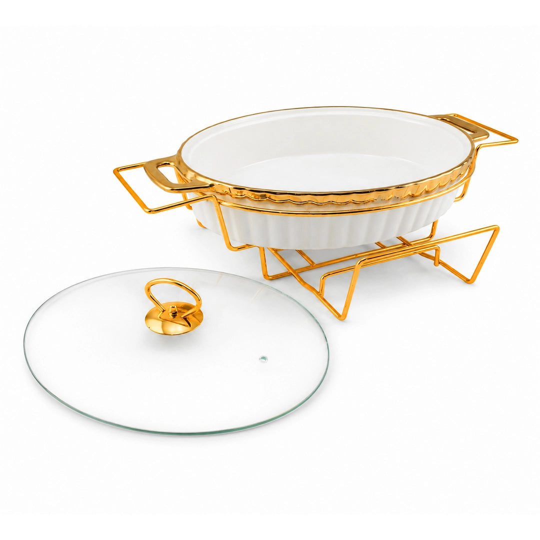 Brilliant Ceramic Round Food Warmer With Glass Lid And Gold Metal Stand | White And Gold | 15 Inch