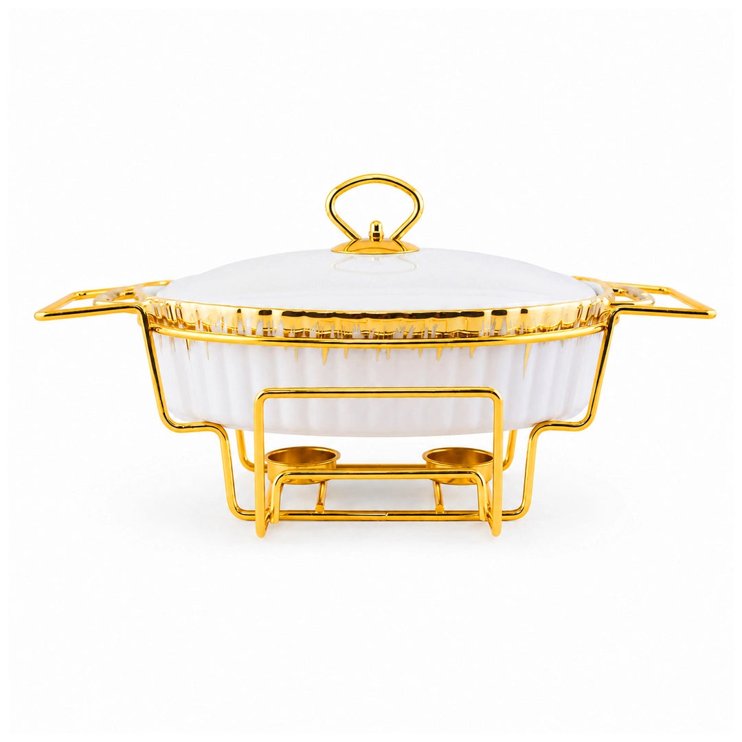 Brilliant Ceramic Round Food Warmer With Gold Stand And Glass Lid | White And Gold | 13 Inch