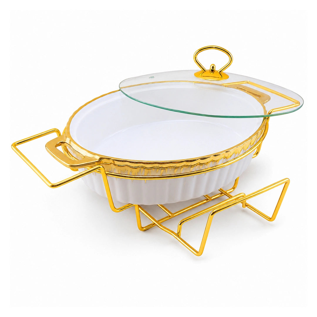 Brilliant Ceramic Round Food Warmer With Gold Stand And Glass Lid | White And Gold | 13 Inch
