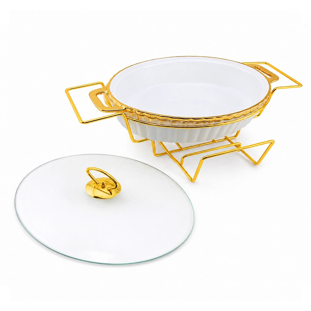 Brilliant Ceramic Round Food Warmer With Gold Stand And Glass Lid | White And Gold | 13 Inch