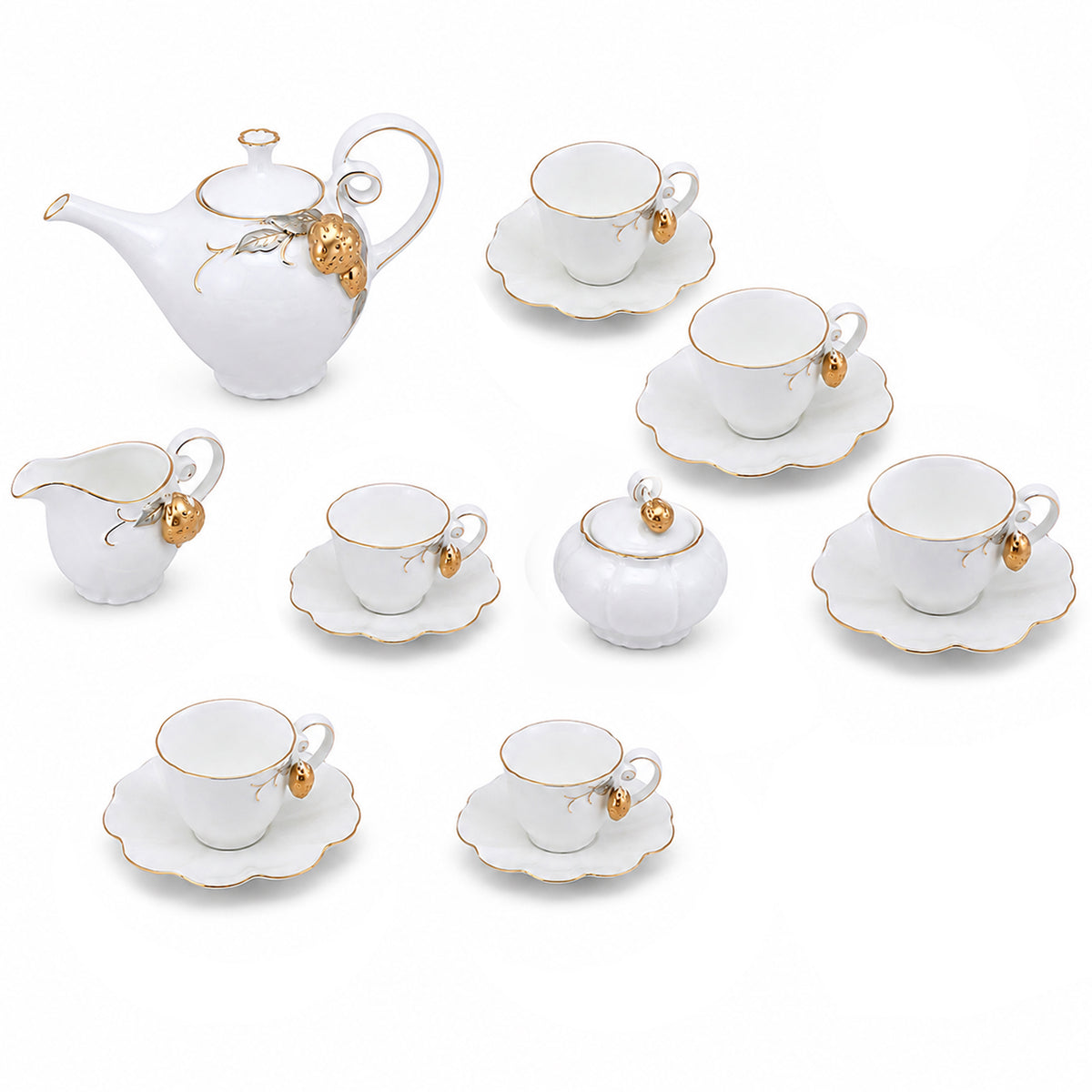 Angela Ceramic Tea Set | White & Gold Strawberry Design | 15-Piece