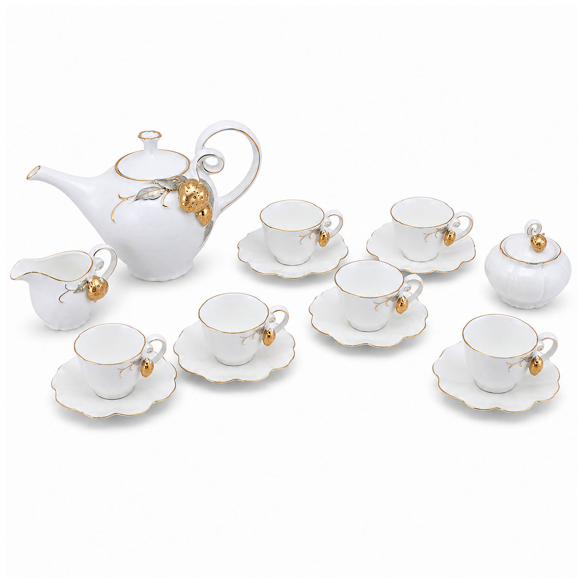 Angela Ceramic Tea Set | White & Gold Strawberry Design | 15-Piece