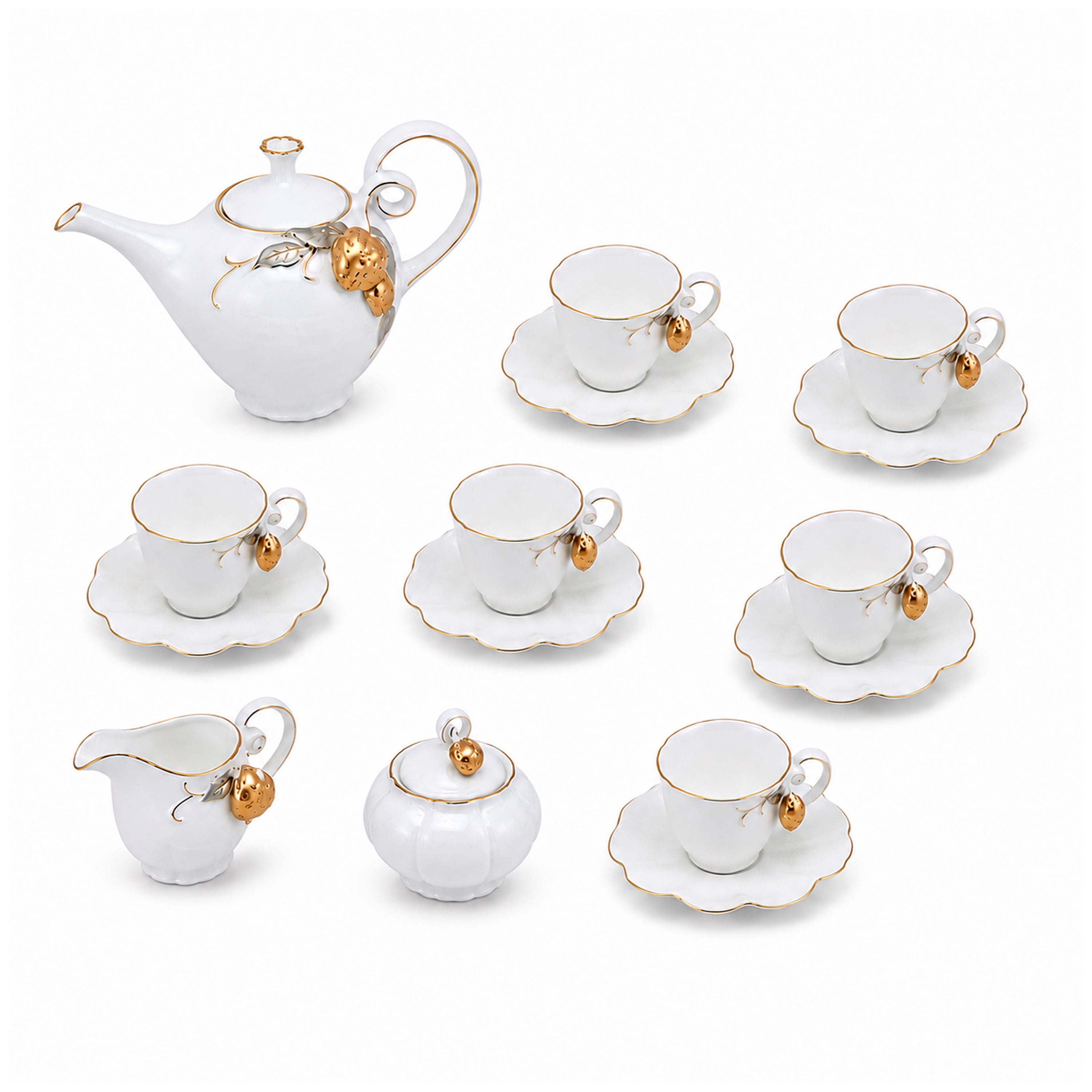 Angela Ceramic Tea Set | White & Gold Strawberry Design | 15-Piece