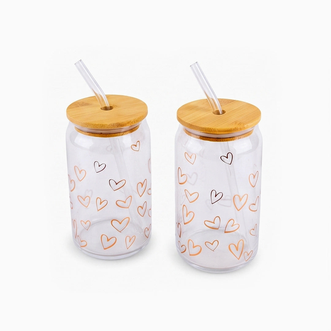 Danny Home 2-Piece Glass Mason Jar Set | Clear Heart Design | 500 ML