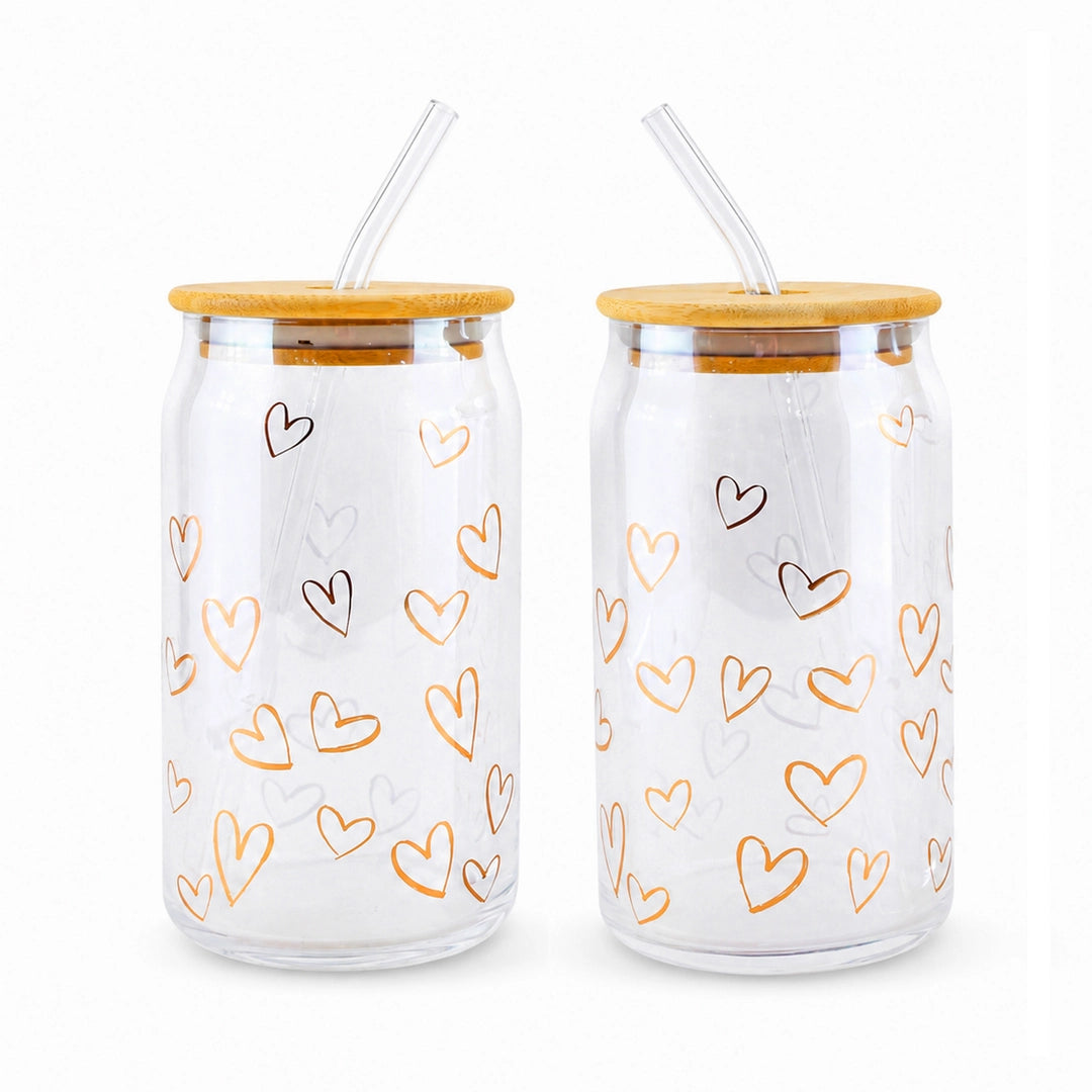 Danny Home 2-Piece Glass Mason Jar Set | Clear Heart Design | 500 ML