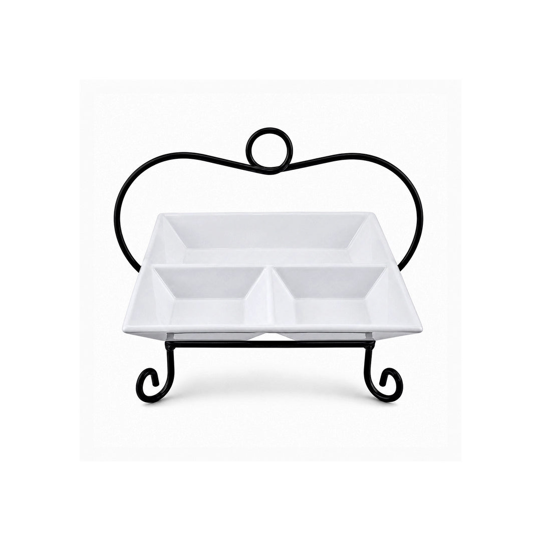 Symphony Ceramic 3-Portion Square Serving Plate With Metal Stand | White & Black | 11×11 Inch