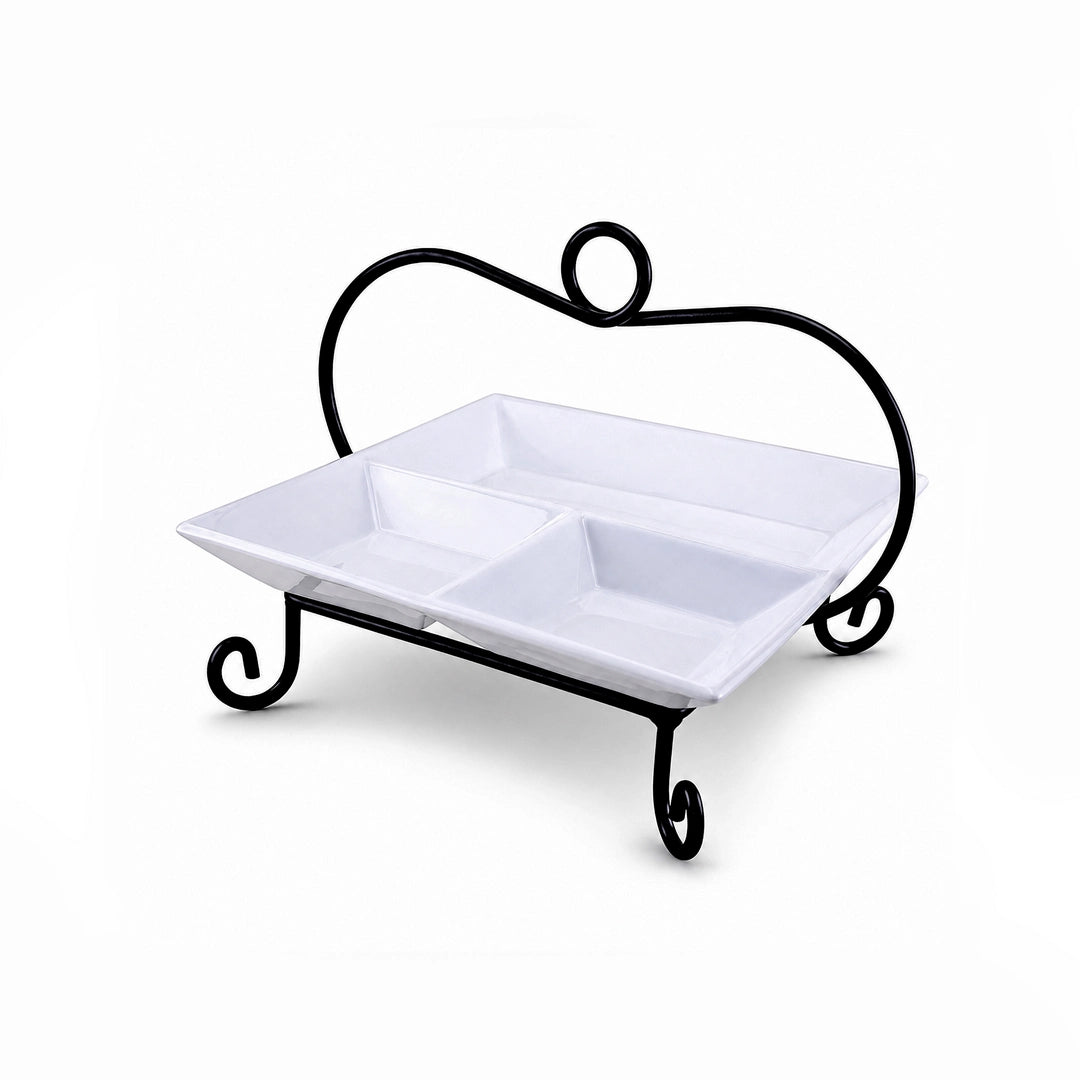 Symphony Ceramic 3-Portion Square Serving Plate With Metal Stand | White & Black | 11×11 Inch