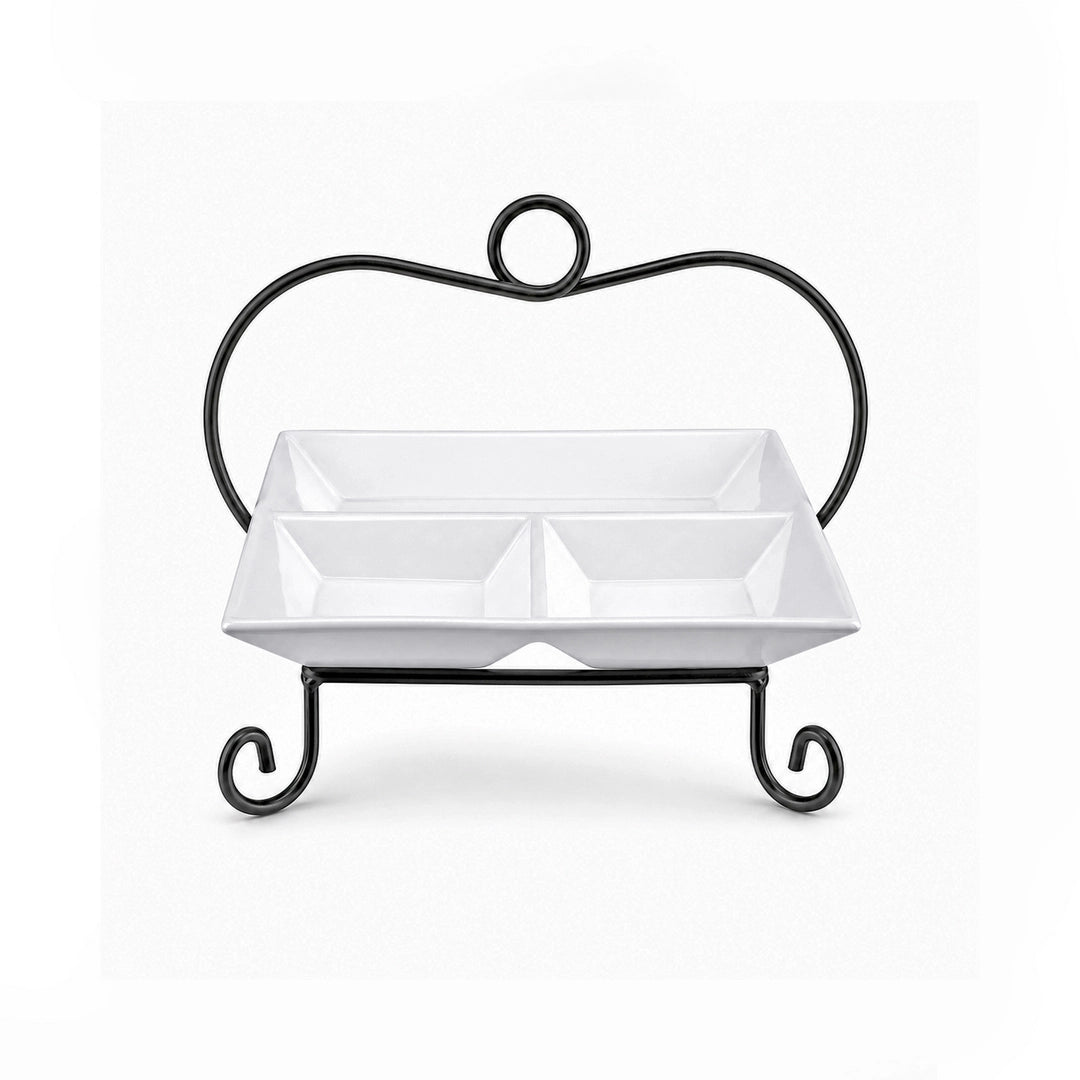 Symphony Ceramic 3-Portion Square Serving Plate With Metal Stand | White & Black | 11×11 Inch