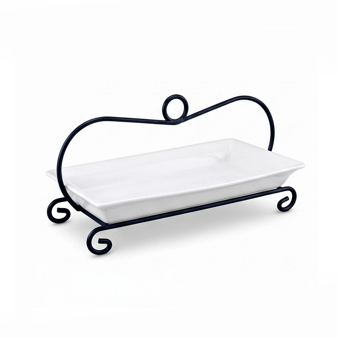 Symphony Ceramic Rectangular Dessert Stand | White & Black | 18 Inch
