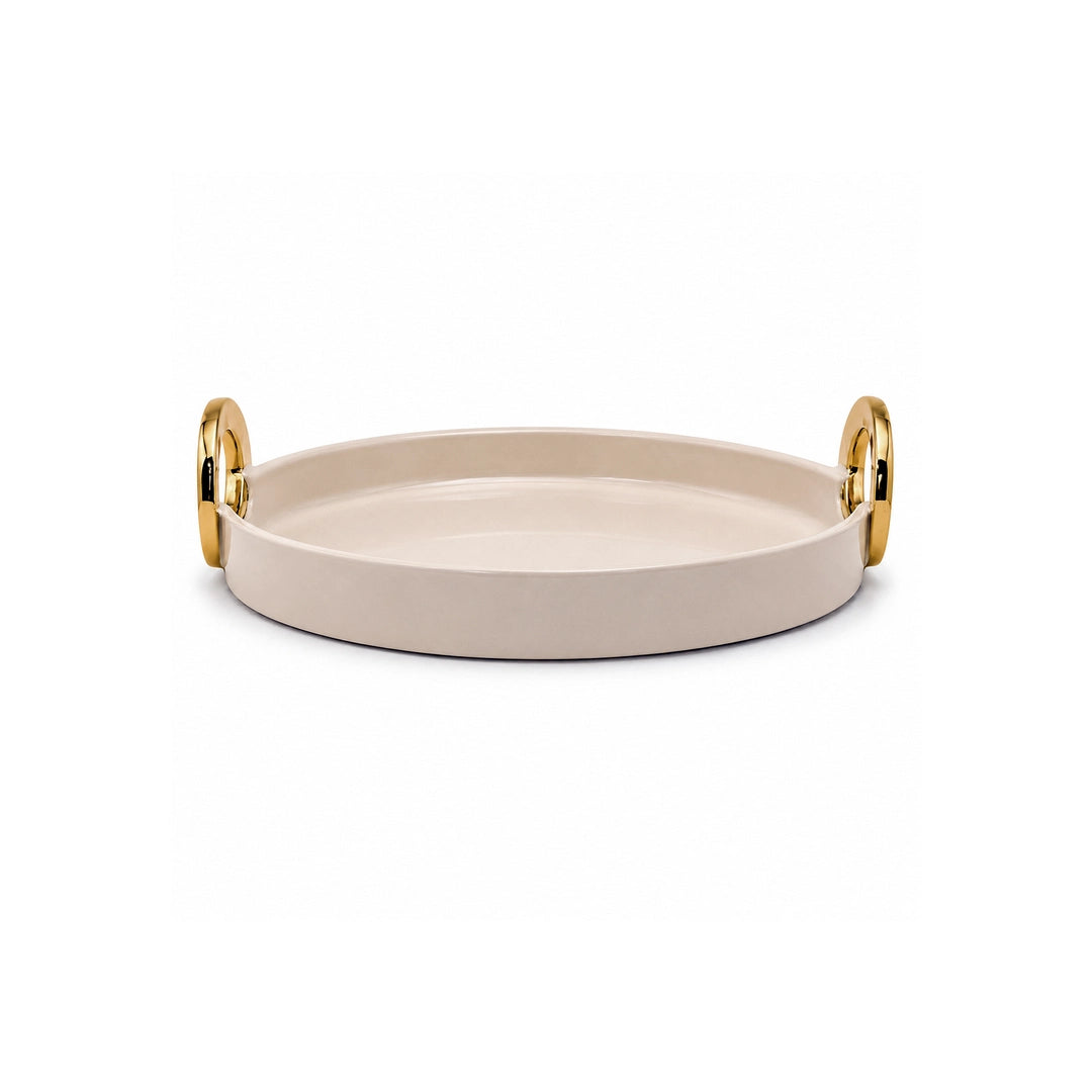 Brilliant Ceramic Oval Serving Dish With Golden Metal Handle | Beige And Gold | 12 Inch