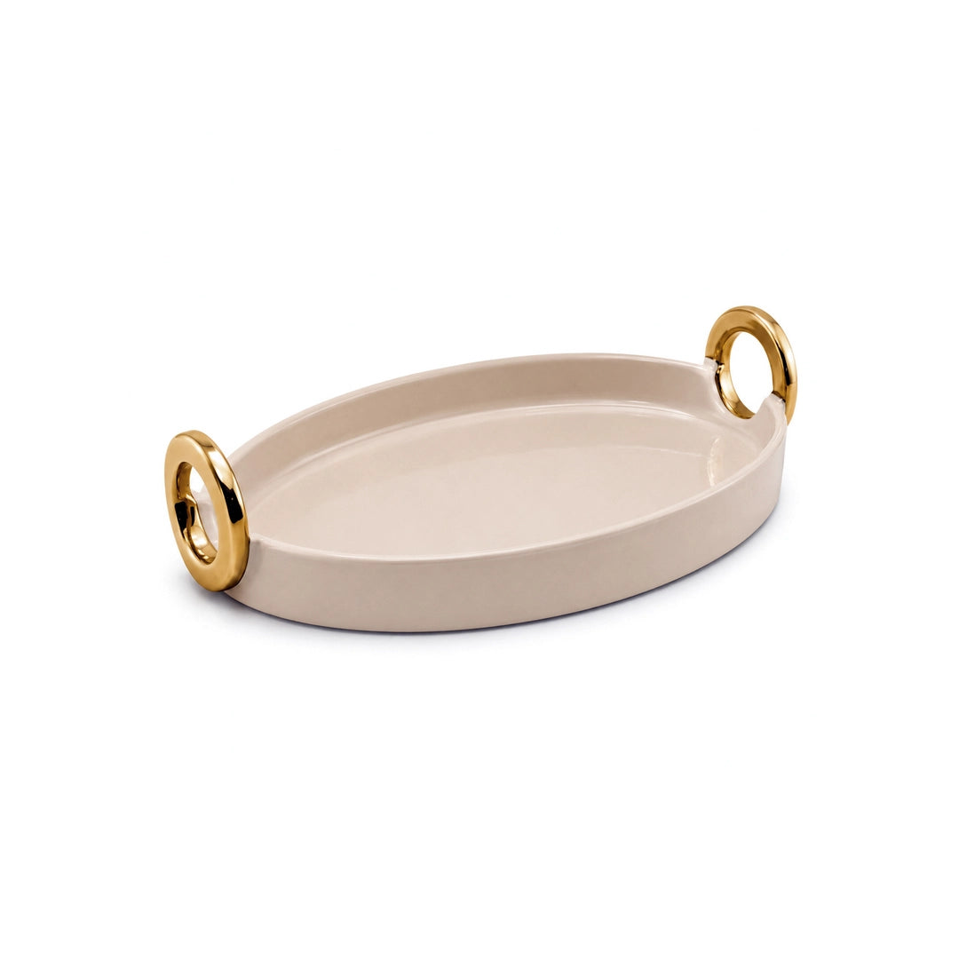 Brilliant Ceramic Oval Serving Dish With Golden Metal Handle | Beige And Gold | 12 Inch