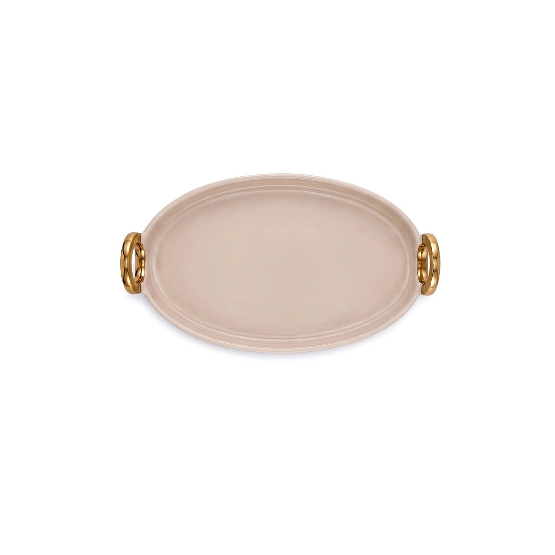 Brilliant Ceramic Oval Serving Dish With Golden Metal Handle | Beige And Gold | 12 Inch
