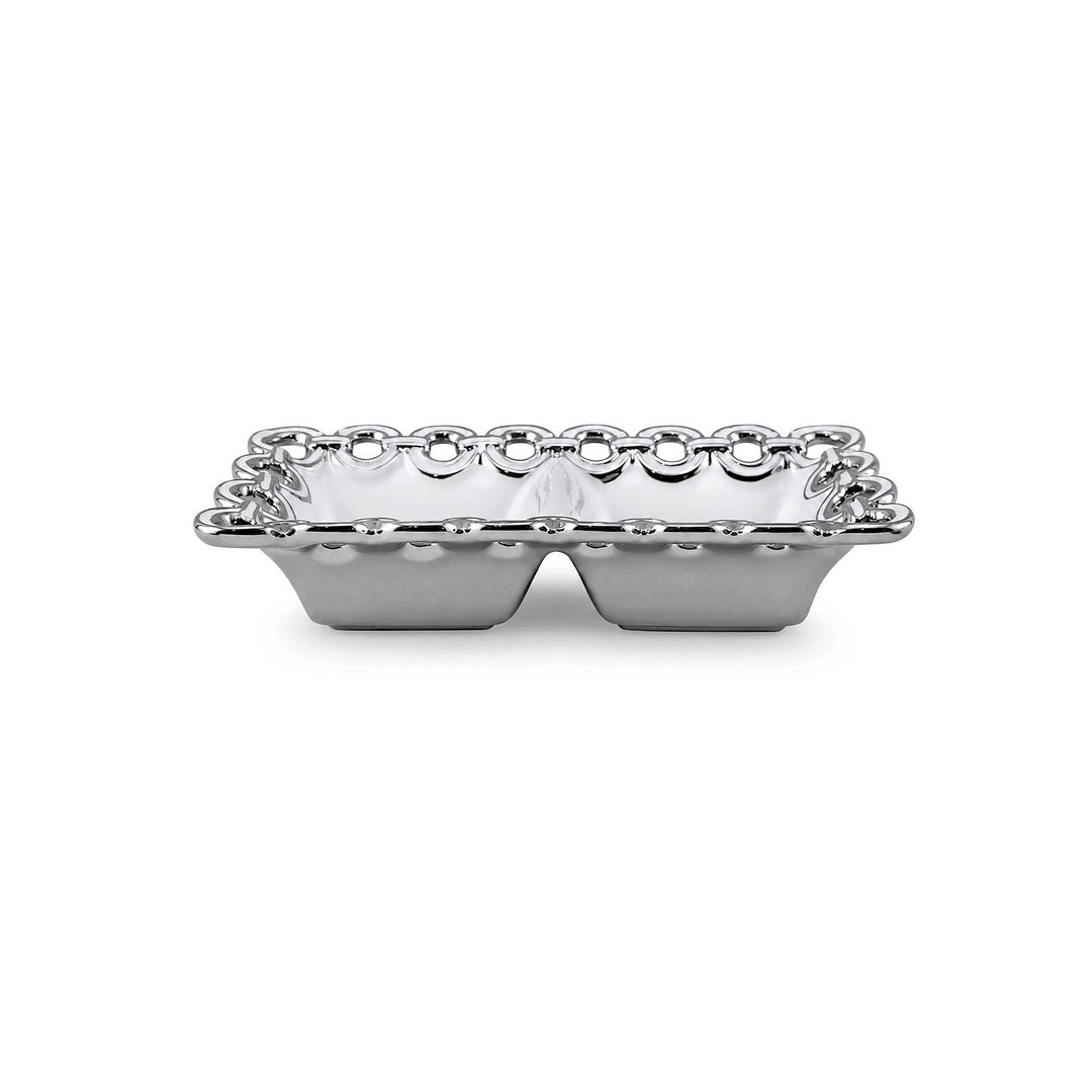Brilliant Rectangular Ceramic Serving Tray | White And Silver | 2-Portion, 8.75 Inch