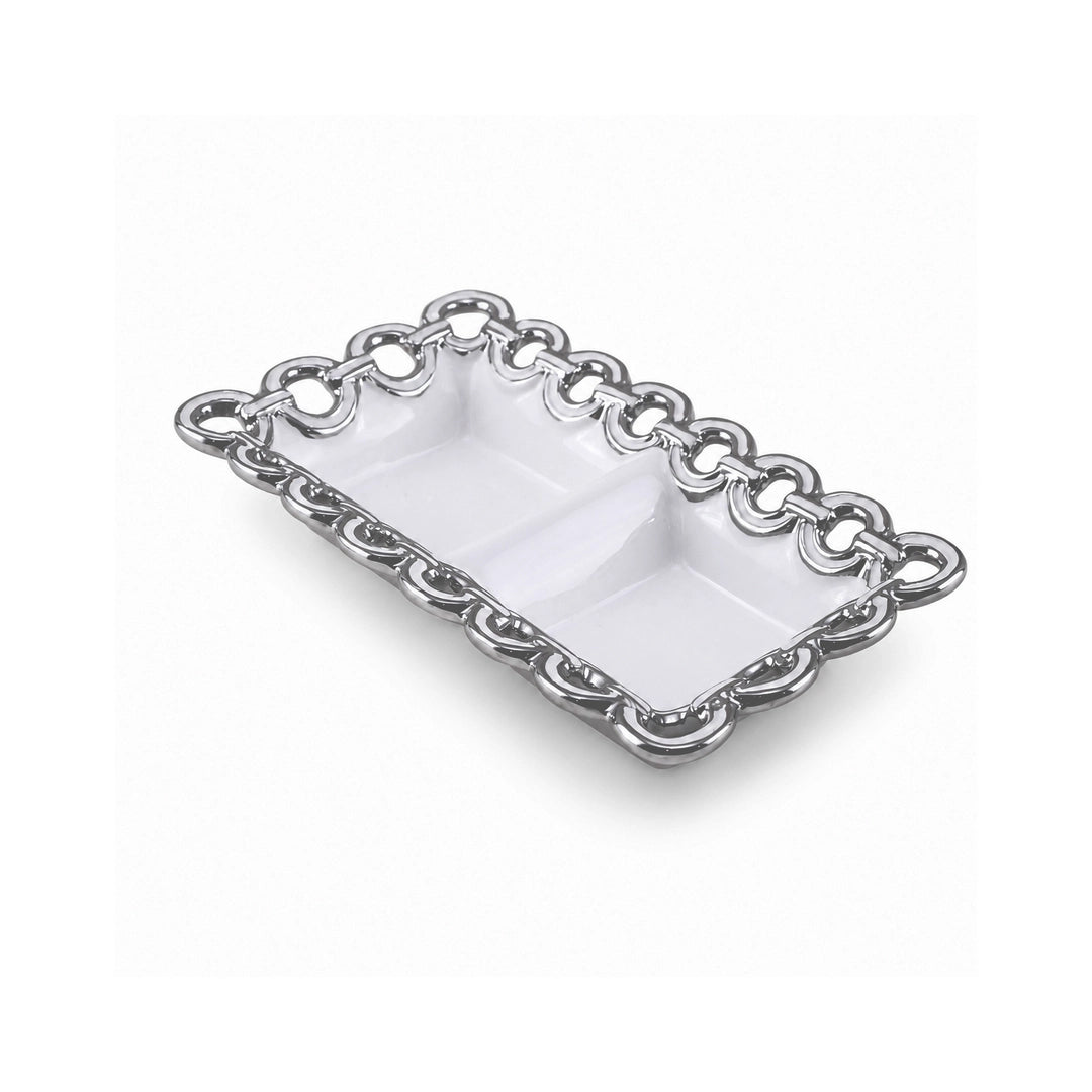 Brilliant Rectangular Ceramic Serving Tray | White And Silver | 2-Portion, 8.75 Inch