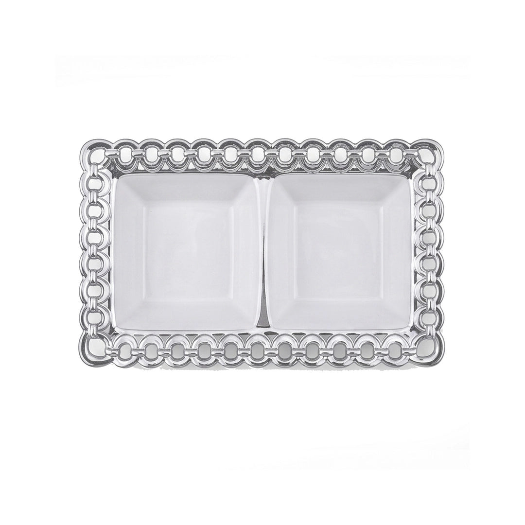 Brilliant Rectangular Ceramic Serving Tray | White And Silver | 2-Portion, 8.75 Inch