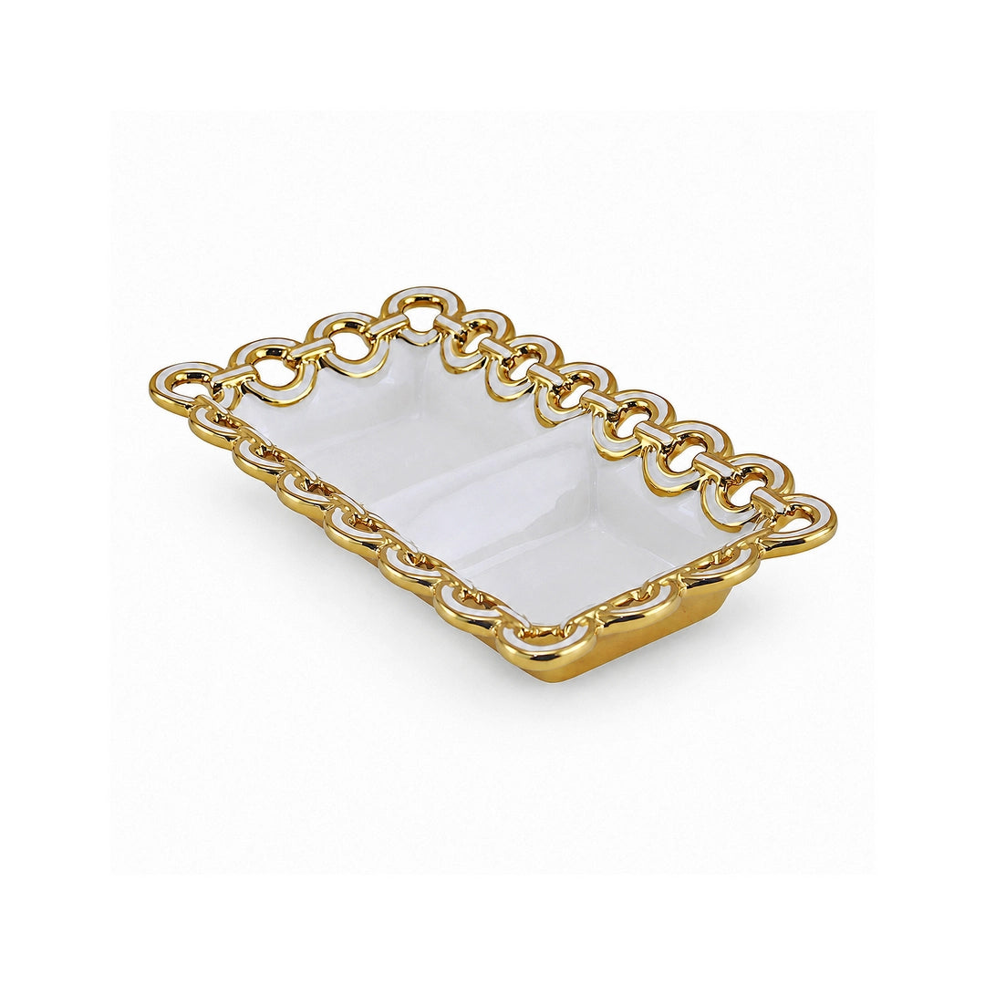 Brilliant Ceramic Rectangular Serving Tray | White And Gold | 2-Portion, 8.75 Inch