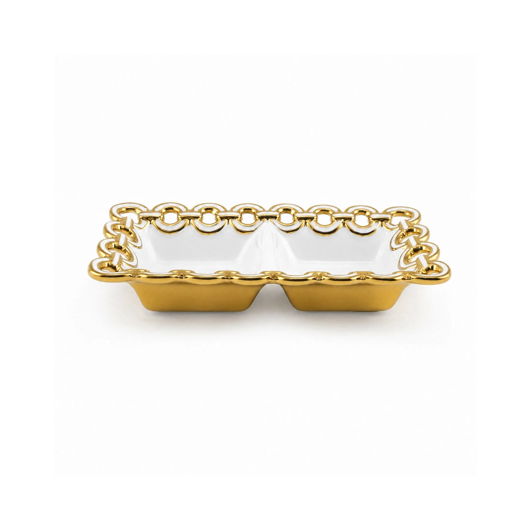 Brilliant Ceramic Rectangular Serving Tray | White And Gold | 2-Portion, 8.75 Inch