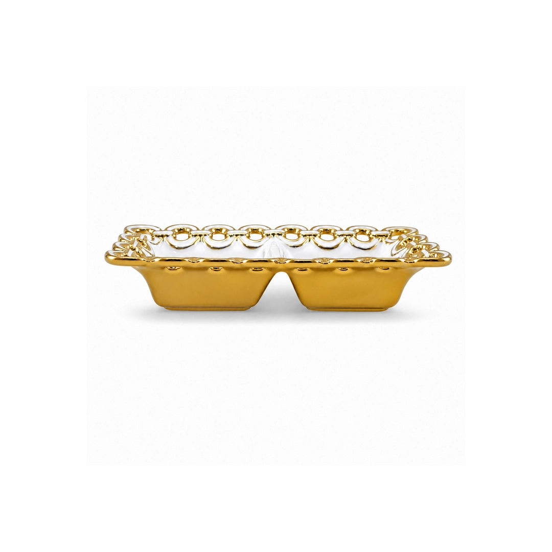 Brilliant Ceramic Rectangular Serving Tray | White And Gold | 2-Portion, 8.75 Inch