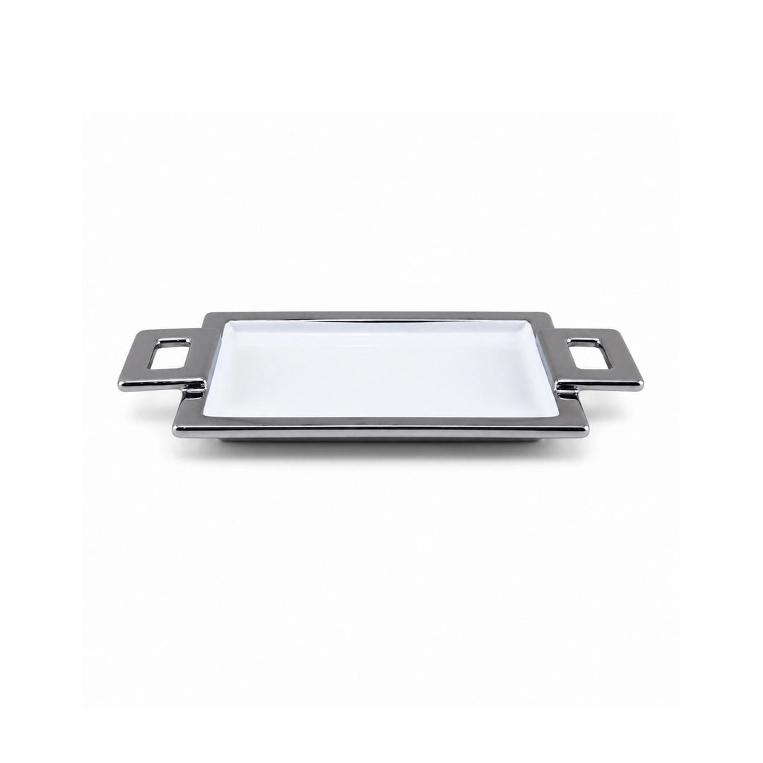 Brilliant Ceramic Rectangular Serving Tray With Silver Metal Handle | White And Silver | 8.75 Inch