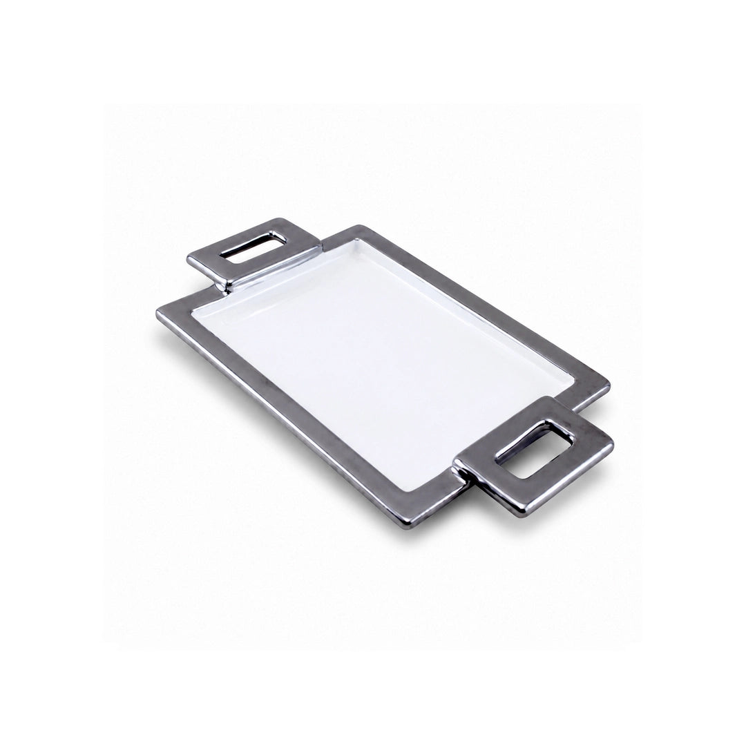 Brilliant Ceramic Rectangular Serving Tray With Silver Metal Handle | White And Silver | 8.75 Inch