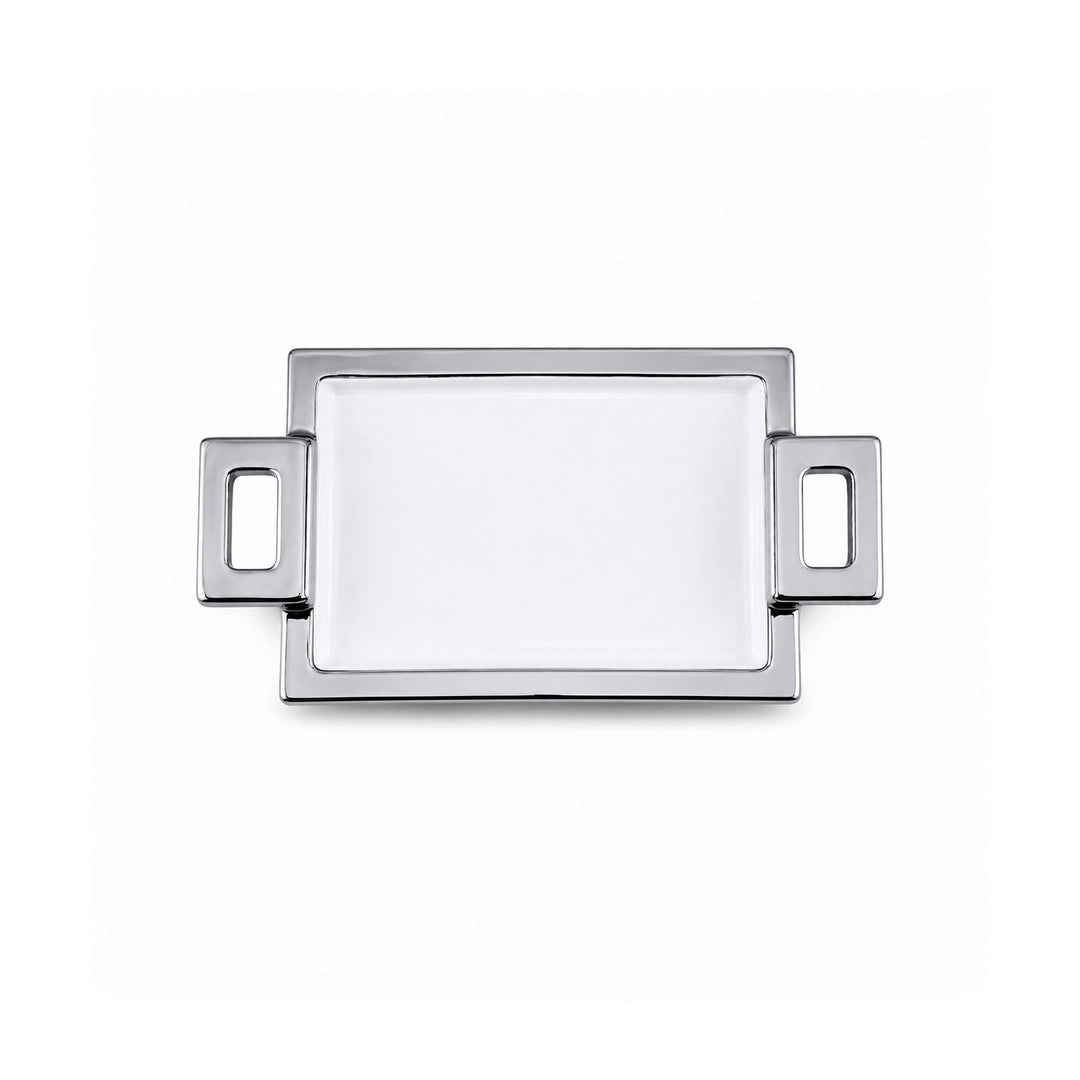 Brilliant Ceramic Rectangular Serving Tray With Silver Metal Handle | White And Silver | 8.75 Inch