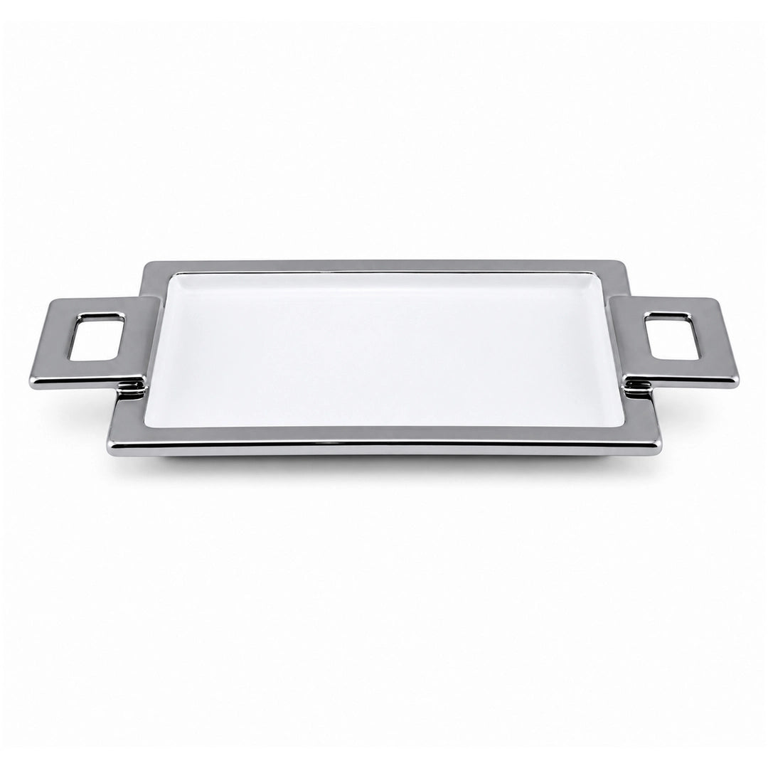 Brilliant Ceramic Rectangular Serving Tray With Silver Metal Handle | White And Silver | 15 Inch